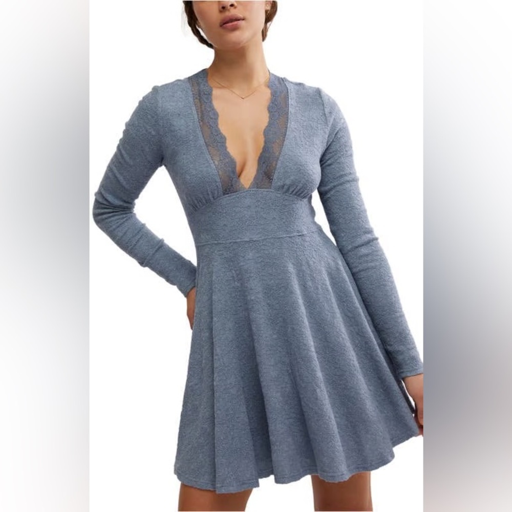 Free People Soft Blue Long Sleeve Dress with Deep V Lace Neckline